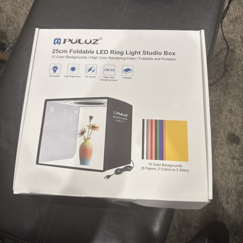 Puluz 25cm Foldable LED Ring Light Studio Box 12 Color Options - New in Open Box